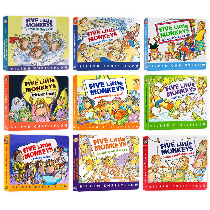五只小猴子系列9册英文原版绘本 five little monkeys jumping on the bed在床上蹦蹦跳/洗汽车/做蛋糕等睡前故事纸板书廖彩杏书单