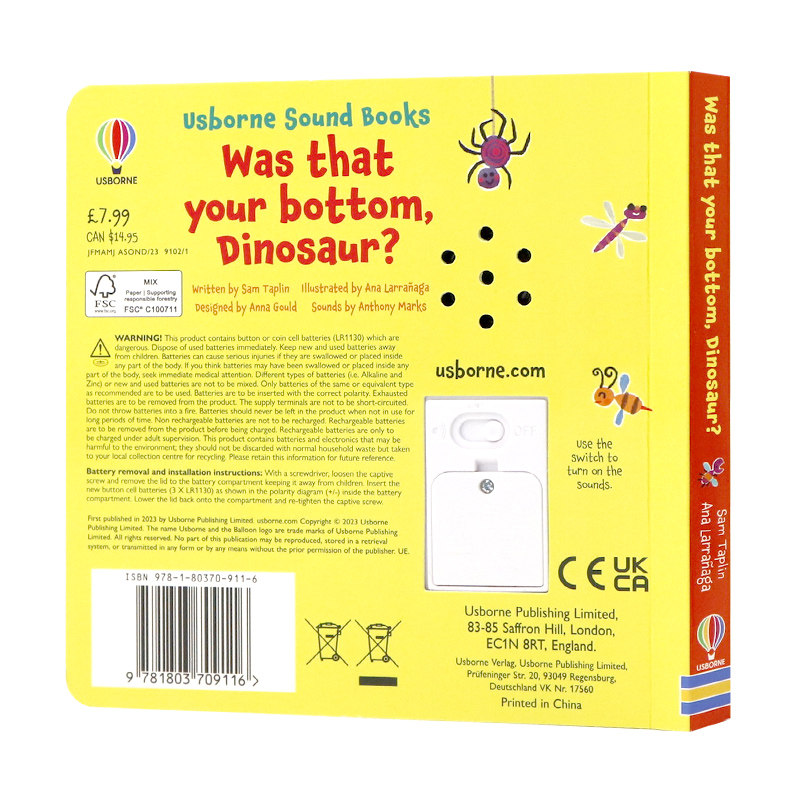 Usborne出品恐龙你的屁股在哪英文原版绘本 Was That Your Bottom, Dinosaur? 尤斯伯恩亲子睡前共读纸板发声书Sam Taplin