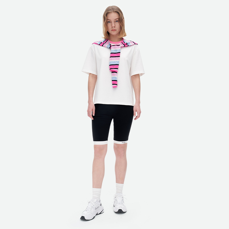 HERLIAN 夏季新款小众设计感撞色条纹披肩两穿白色T恤 女 - 图0