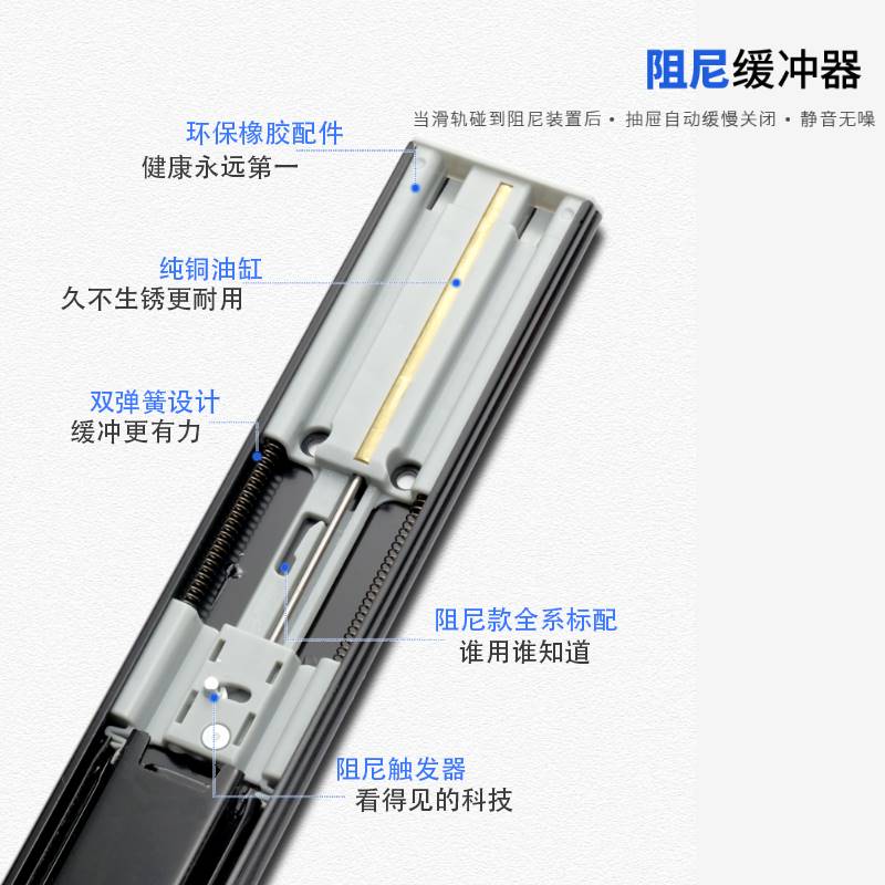 抽屉轨道304不锈钢三节导轨阻尼缓冲滑道静音衣柜橱柜钢珠滑轨道 - 图2