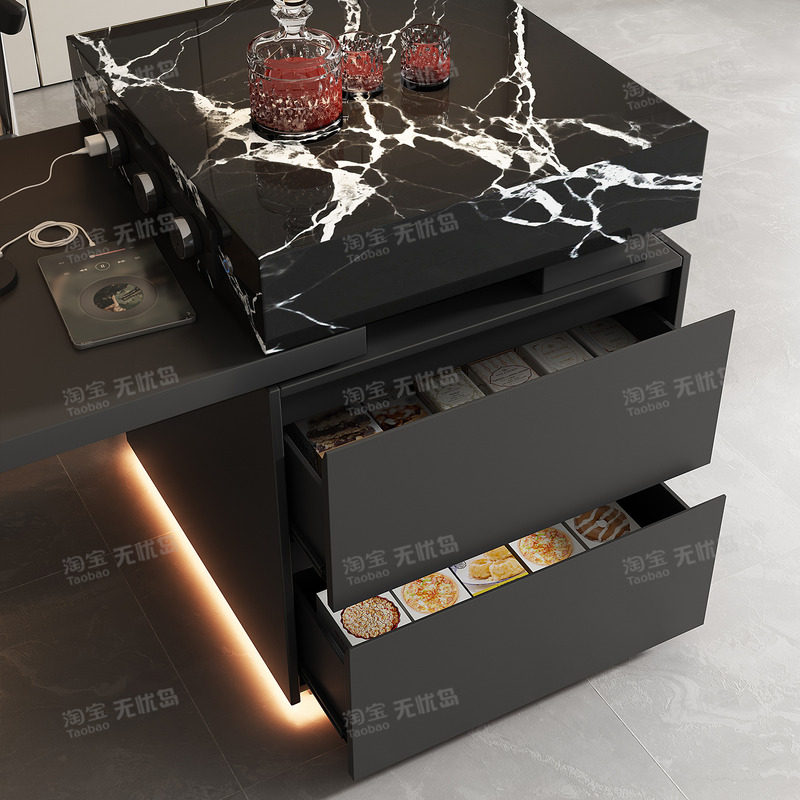 意式极简宝格高端丽黑岛台餐桌一体可伸缩高级感岩板倒厨房中导台,淘宝优惠券,粉丝福利购,淘宝优惠卷