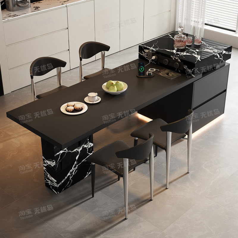 意式极简宝格高端丽黑岛台餐桌一体可伸缩高级感岩板倒厨房中导台,淘宝优惠券,粉丝福利购,淘宝优惠卷