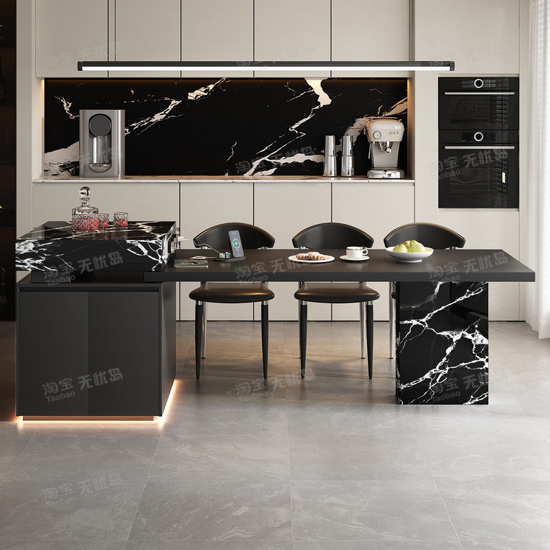 意式极简宝格高端丽黑岛台餐桌一体可伸缩高级感岩板倒厨房中导台,淘宝优惠券,粉丝福利购,淘宝优惠卷