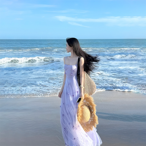 一罐杏仁桃【紫苑蝶】紫色立体蝴蝶吊带连衣裙网纱长裙温柔吊带裙 - 图3