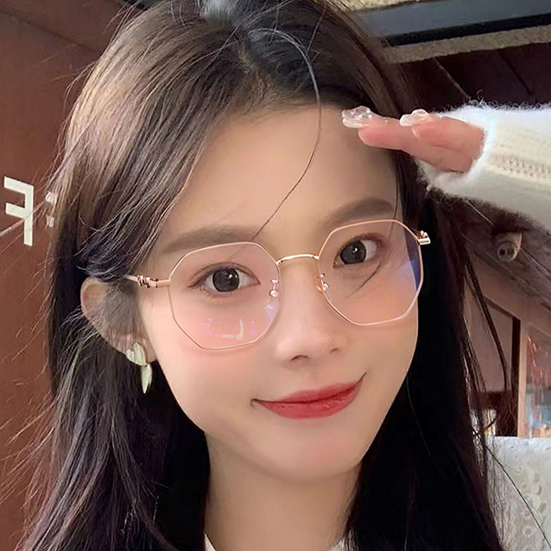 素颜金丝近视眼镜女有度数ins高颜值多边形眼睛框大脸显瘦韩版潮 - 图0