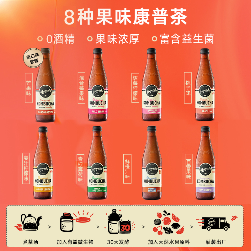 Remedy悦蔓蒂康普茶气泡水kombucha益生菌进口饮料330ml*4-图1