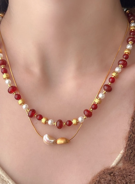 天然红玛瑙串珠项链气质简约显白复古小众设计高级感叠戴锁骨链女