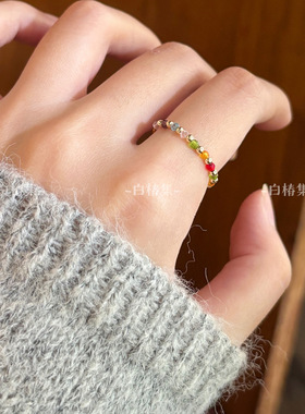 韩系ins彩色多巴胺串珠戒指 小众设计可爱米珠弹力绳指环食指戒女