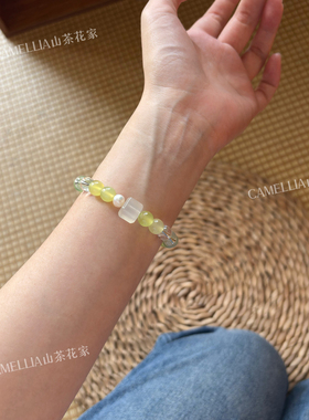新中式绿色串珠手链原创国风复古天然石叠戴手串温婉气质玉石配饰
