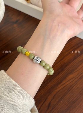 新中式天然石串珠手链小众s925纯银柿子复古绿色阿拉善玉石手串女