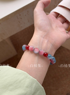 冰透清冷感红蓝晕染猫眼石串珠手链小众设计高级感玛瑙叠戴手串女