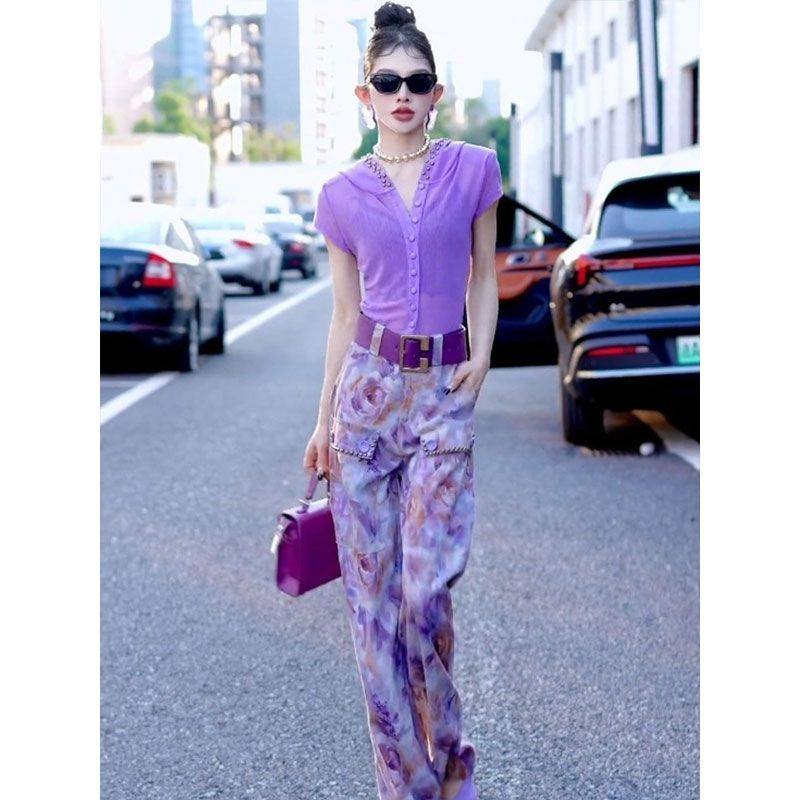 紫色连帽短袖t恤女2025新款夏季休闲洋气时尚减龄套装印花阔腿裤,淘宝优惠券,粉丝福利购,淘宝优惠卷