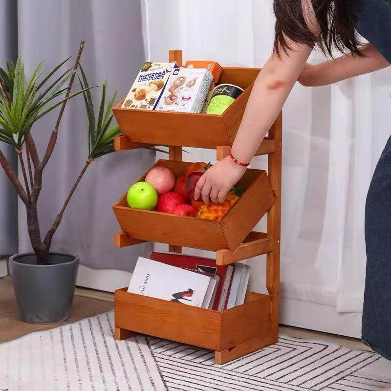 现货木质水果蔬菜收纳筐落地式三层果蔬整理架可调节阅读书置物架,淘宝优惠券,粉丝福利购,淘宝优惠卷