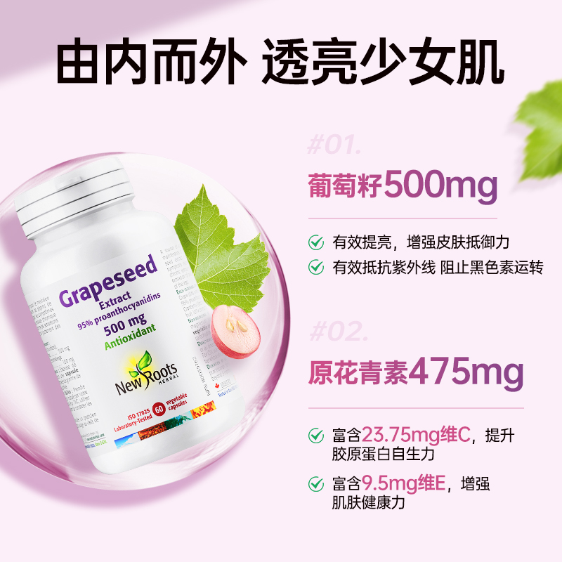Newroots葡萄籽胶囊500mg原花青素维生素C抗氧化蔓越莓焕白淡斑