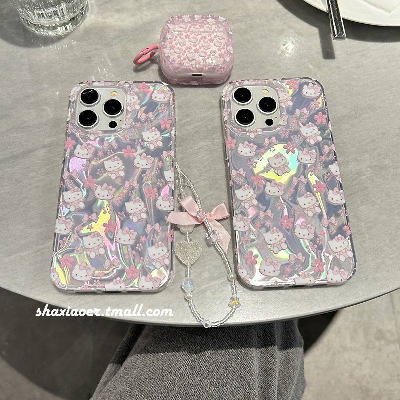 粉色镭射HelloKitty蓝牙耳机壳适用苹果15手机壳iphone14promax女款15pro新款13防摔12硬壳11硅胶女生高级感