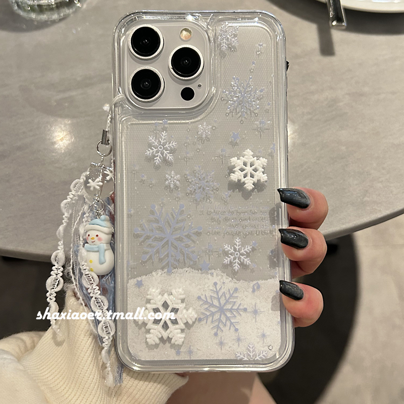 秋冬蓝色立体雪花流沙蓝牙耳机套适用苹果15手机壳iphone14promax女款15pro新款13防摔12软边硬壳11可爱卡通