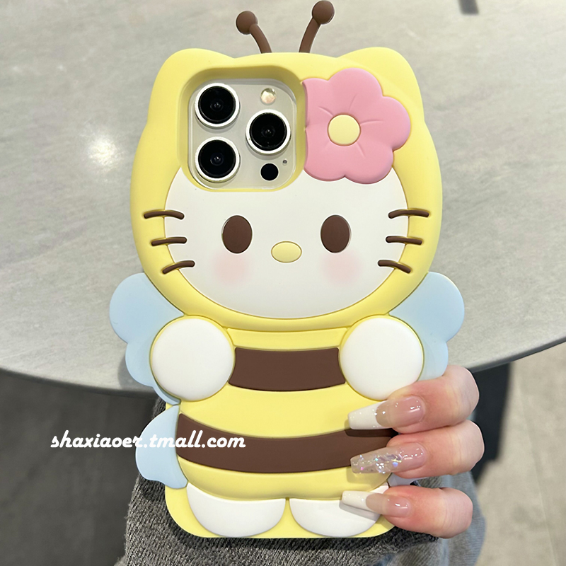 可爱立体蜜蜂HelloKitty适用苹果15手机壳iphone14promax女款15pro新款13防摔12硅胶软壳11卡通趣味网红高级