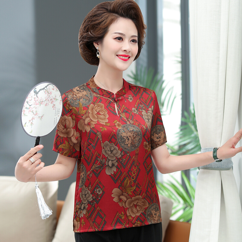 妈妈洋气短袖真丝t恤夏装中老年人大码女装高贵香云纱桑蚕丝上衣