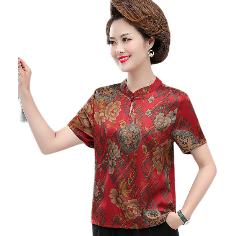 妈妈洋气短袖真丝t恤夏装中老年人大码女装高贵香云纱桑蚕丝上衣