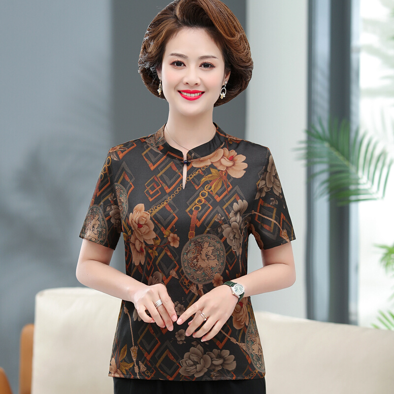 妈妈洋气短袖真丝t恤夏装中老年人大码女装高贵香云纱桑蚕丝上衣