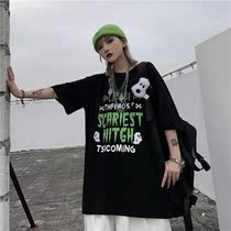 100% pure cotton 2022 new summer trend ins dark black ghost letter printed round collar short sleeve T-shirt female tide