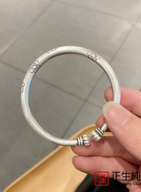 香港正生999足银复古磨砂南瓜头开口手镯女复古民族风纯银镯