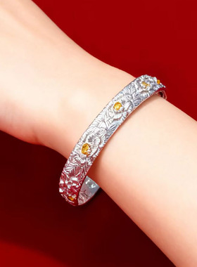 香港正生纯银999足银牡丹手镯蝴蝶描金新中式送女友妈妈生日礼物