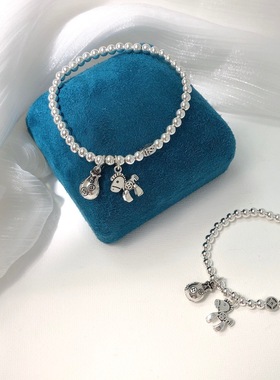 香港正生纯银S925纯银光珠铜钱木马钱袋亲子款手链厂家直供DIY自