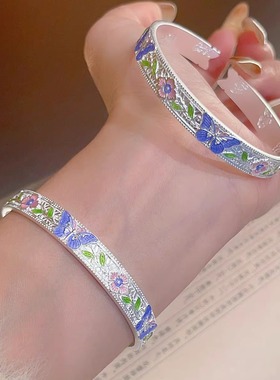 香港正生纯银9999足银珐琅彩蝴蝶开口手镯2025年新款情人节礼物银