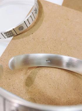 香港正生纯银999足银手镯韩版复古做旧麻将十三幺银手镯开口转运