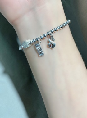 香港正生纯银S925纯银复古冷淡风手链女 DIY光珠方块钱币创意转运