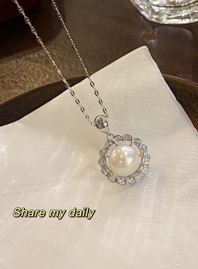 香港正生纯银925银项链吊坠女气质通体纯银镶淡水珍珠圆形吊坠锁