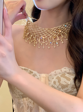 鎏金晚宴~金色闪钻镂空流苏项链女轻奢高级感颈链宴会礼服锁骨链