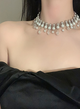 BXA珍珠水钻项链饰品女轻奢高级感设计锆石流苏锁骨链颈链配饰