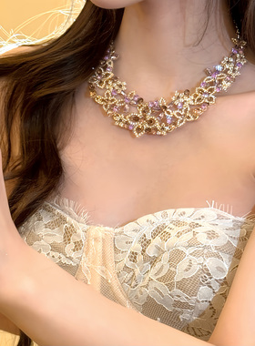 绮丽千金~宫廷风闪锆镂空花朵项链女千金感晚礼服锁骨链配饰颈链
