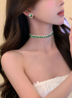 高奢晚宴~法式复古绿色水钻锆石项链女款轻奢气质颈链锁骨链配饰