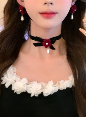 暗香浮动~法式复古串珠花朵蝴蝶结项链气质choker颈链配饰锁骨链