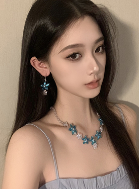 夏季超仙锆石花朵项链女海洋蓝