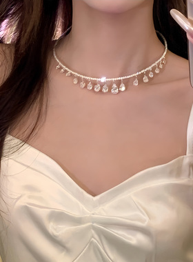 美神落泪~超仙气质水滴吊坠choker锆石项链轻奢千金感锁骨链颈链