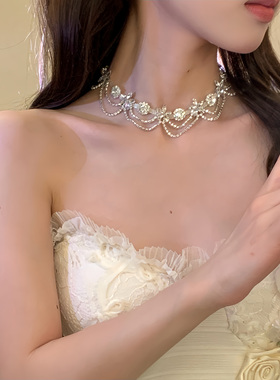 晚宴名流~闪锆花朵流苏choker项链女轻奢宴会礼服配饰颈链锁骨链