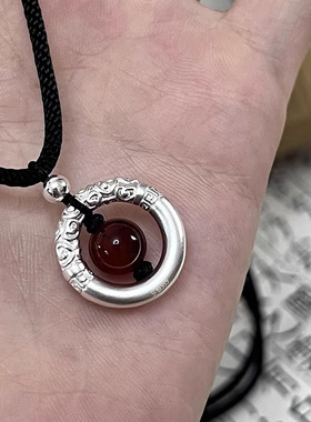 足银999红玛瑙相思红豆祥云平安扣转运珠吊坠情侣纯银编织项链