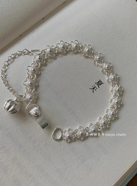 原创足银999复古梅花铃铛手链手工纯银蝴蝶铃兰百搭叠戴情侣礼物