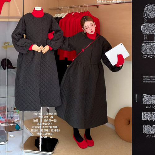 韩系菱格气质收腰夹棉连衣裙女冬季新款小众加厚保暖棉服裙子大衣 - 图3