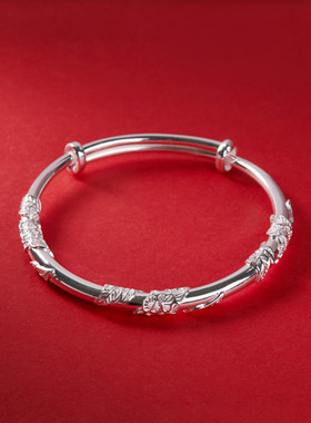 花丝浮雕推拉纯银手镯9999女