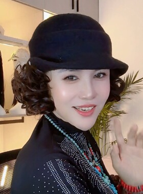 假发一体毛呢礼帽女秋冬定型马术帽时尚遮白发假发帽子中年款