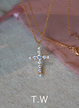 T.W925银十字架镶钻珍珠项链