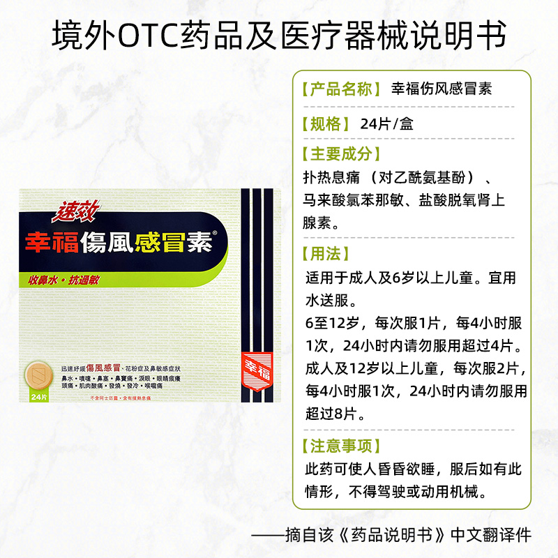 【自营】中国香港幸福成人速效伤风感冒素24片发烧感冒药伤风素 - 图3
