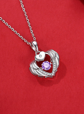 天使之翼项链足银跳动的心锁骨链