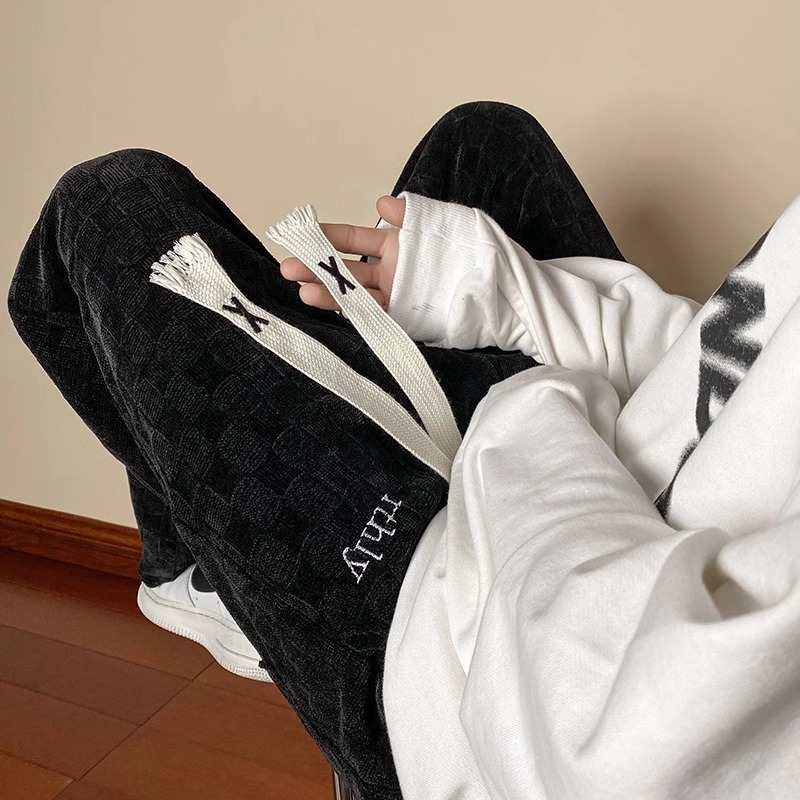 特大码300斤潮牌棋盘格卫裤男女宽松春秋季日系垂感休闲运动裤子2 - 图1