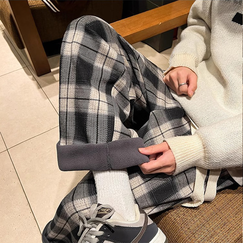特大码300斤加绒裤子男女秋冬日系格子宽松阔腿垂感直筒休闲长裤2,淘宝优惠券,粉丝福利购,淘宝优惠卷